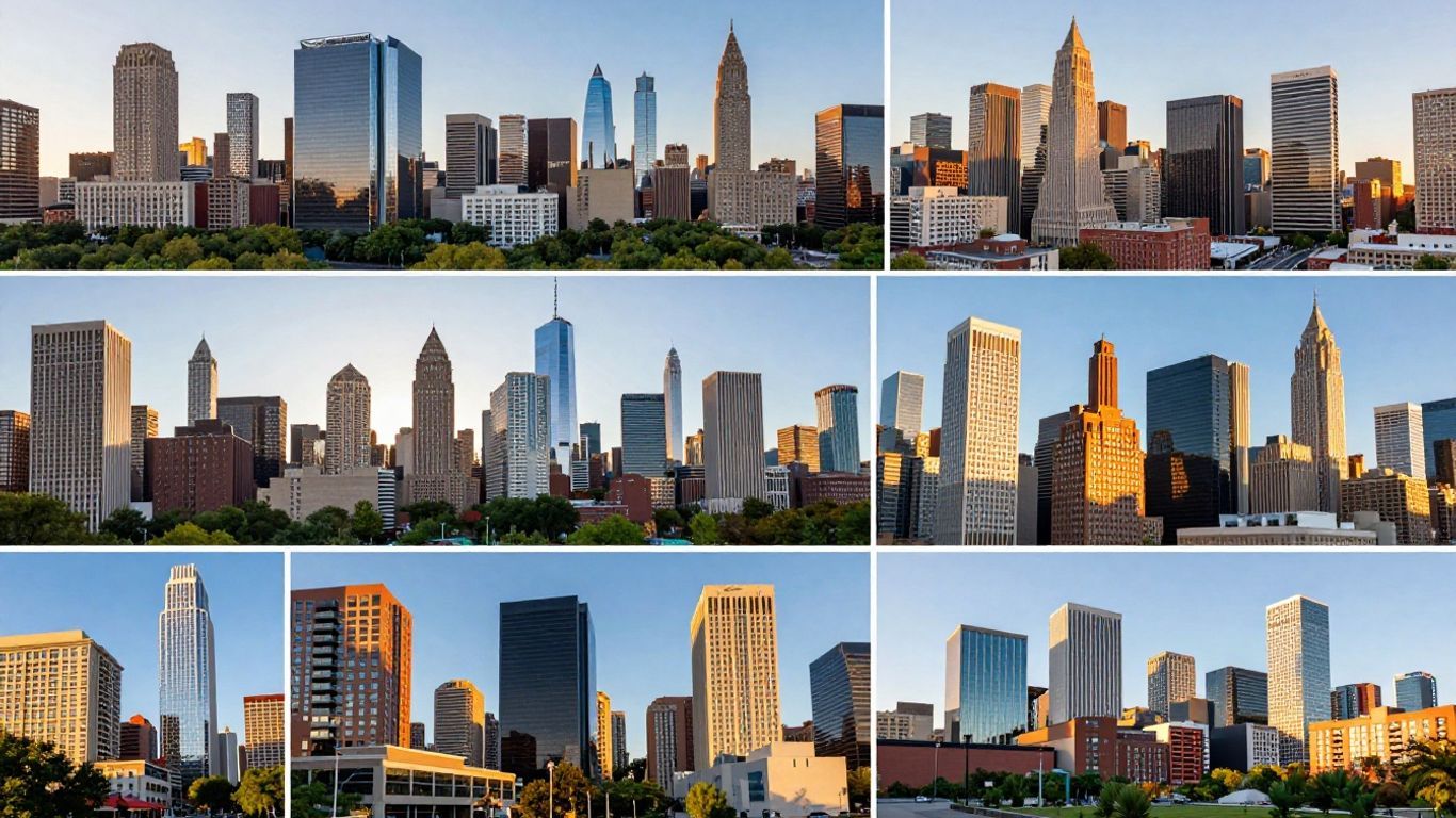 Diverse American city skylines and landmarks collage.