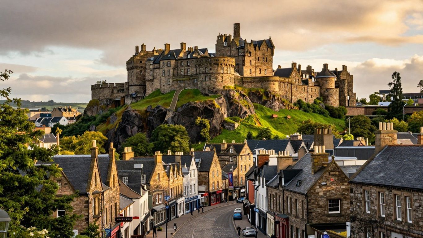 Stirling Castle overlooking a Scottish town at sunset.