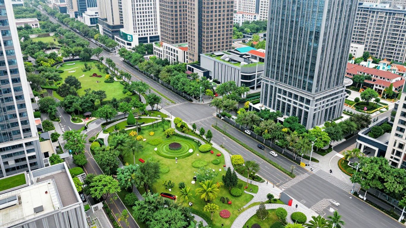 Modern cityscape with parks and residential buildings.