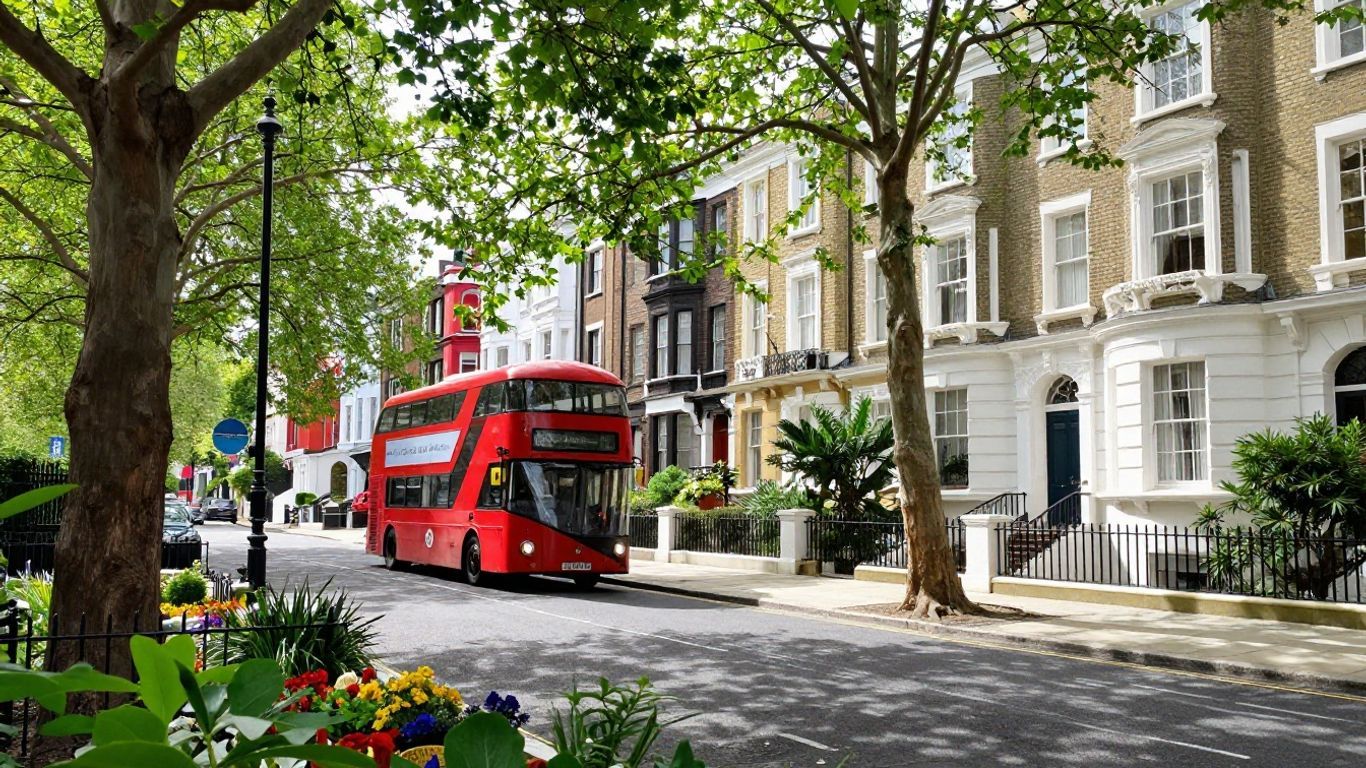 Charming suburban London street with houses and a bus.