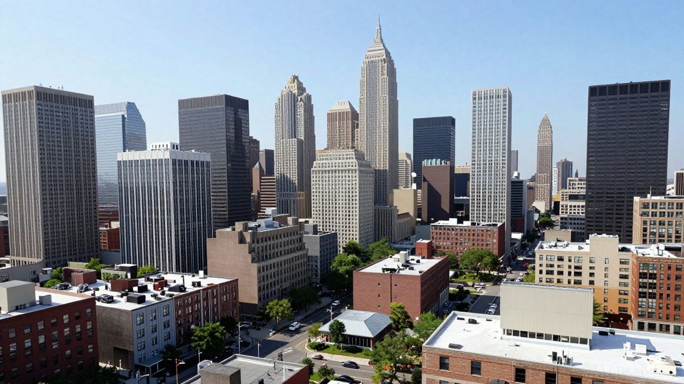 US city skylines with diverse urban landscapes and bright skies.