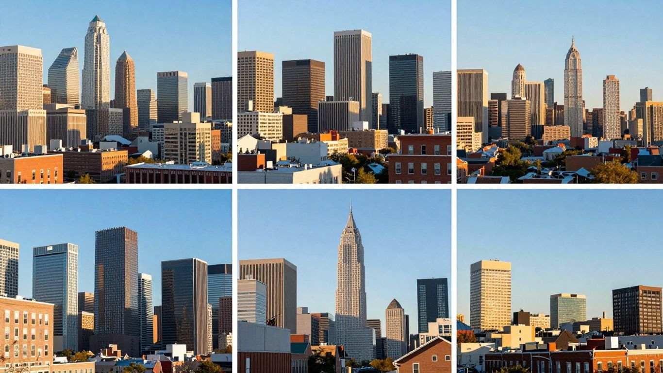 Diverse US city skylines and townscapes under sunlight.