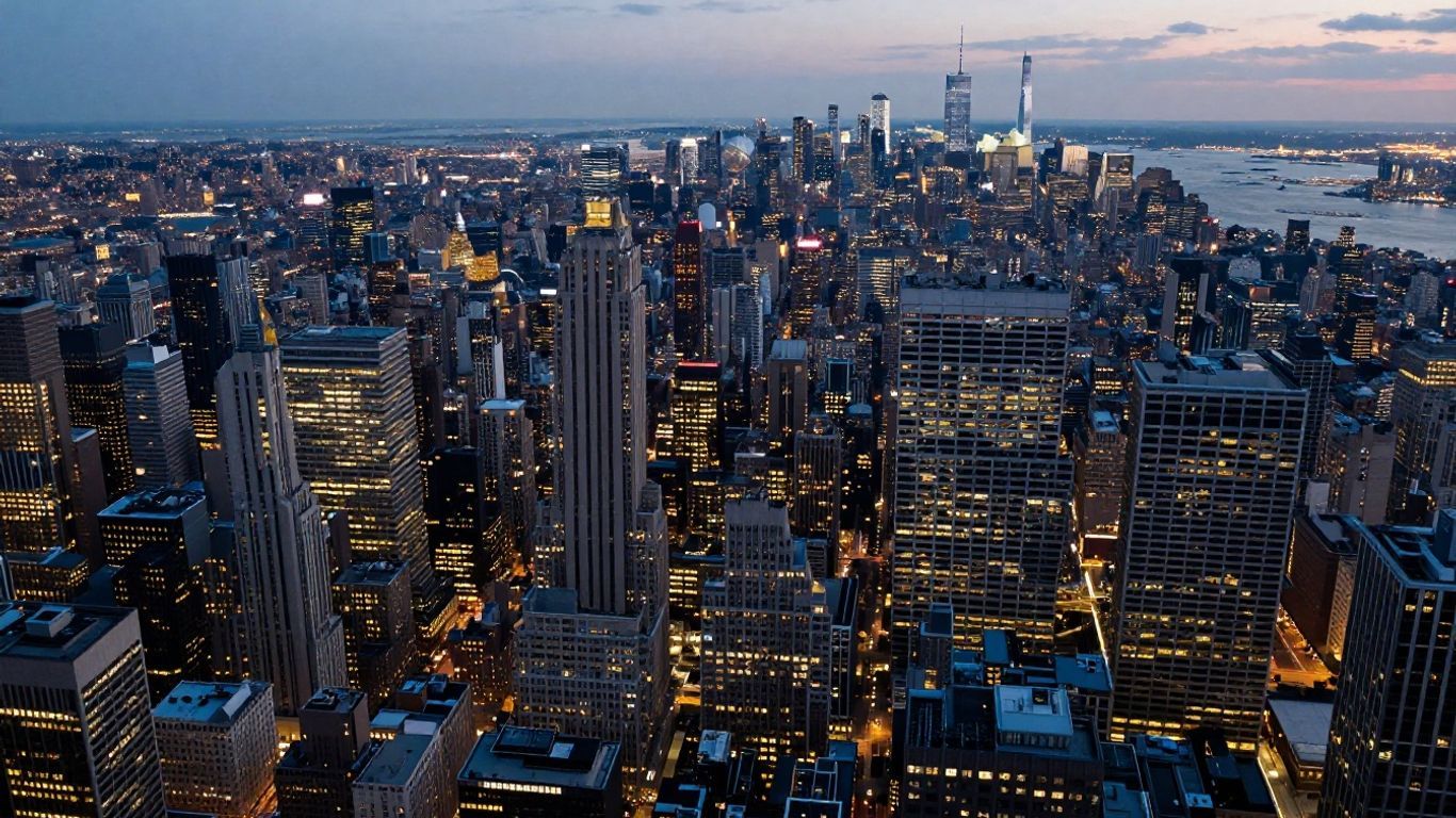 New York City skyline with skyscrapers and Hudson River.