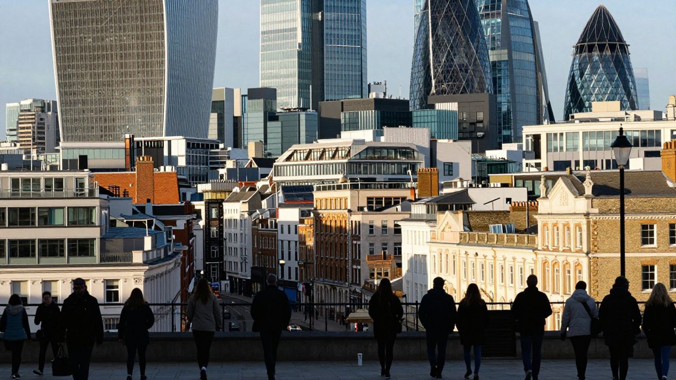 Bustling English cityscape with modern and historic architecture.