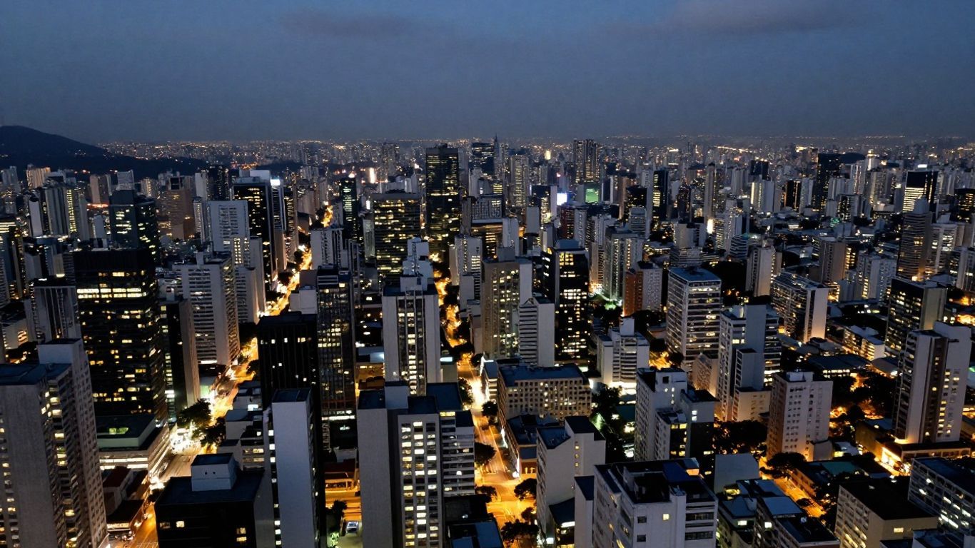 São Paulo cityscape at dusk with illuminated skyscrapers.