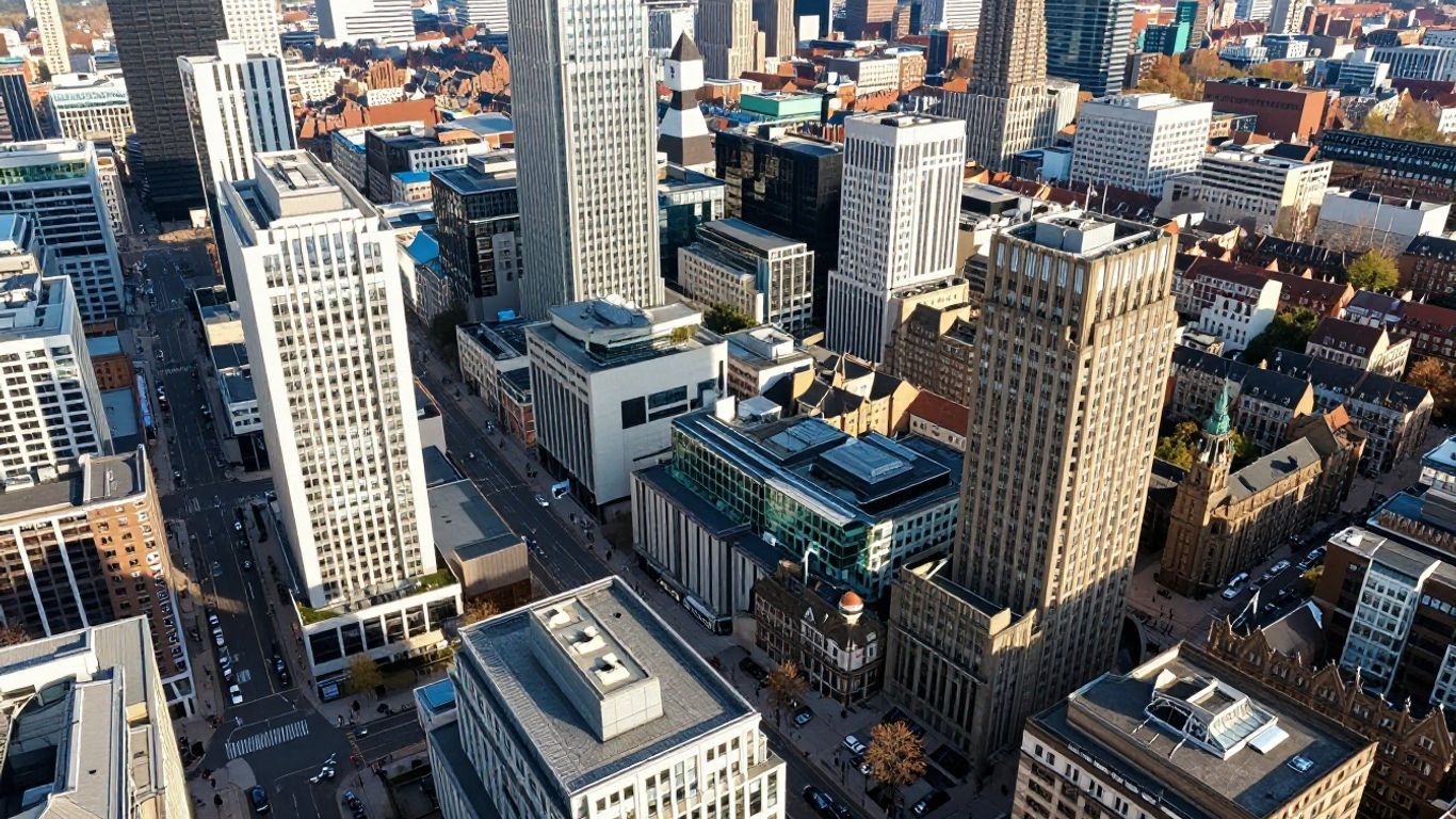 Aerial view of a bustling English city with diverse architecture.