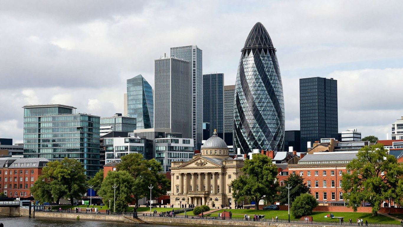 Manchester cityscape with iconic architecture and River Irwell.