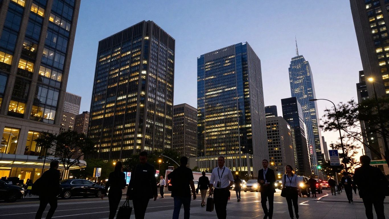 City skyline with busy streets and illuminated buildings.