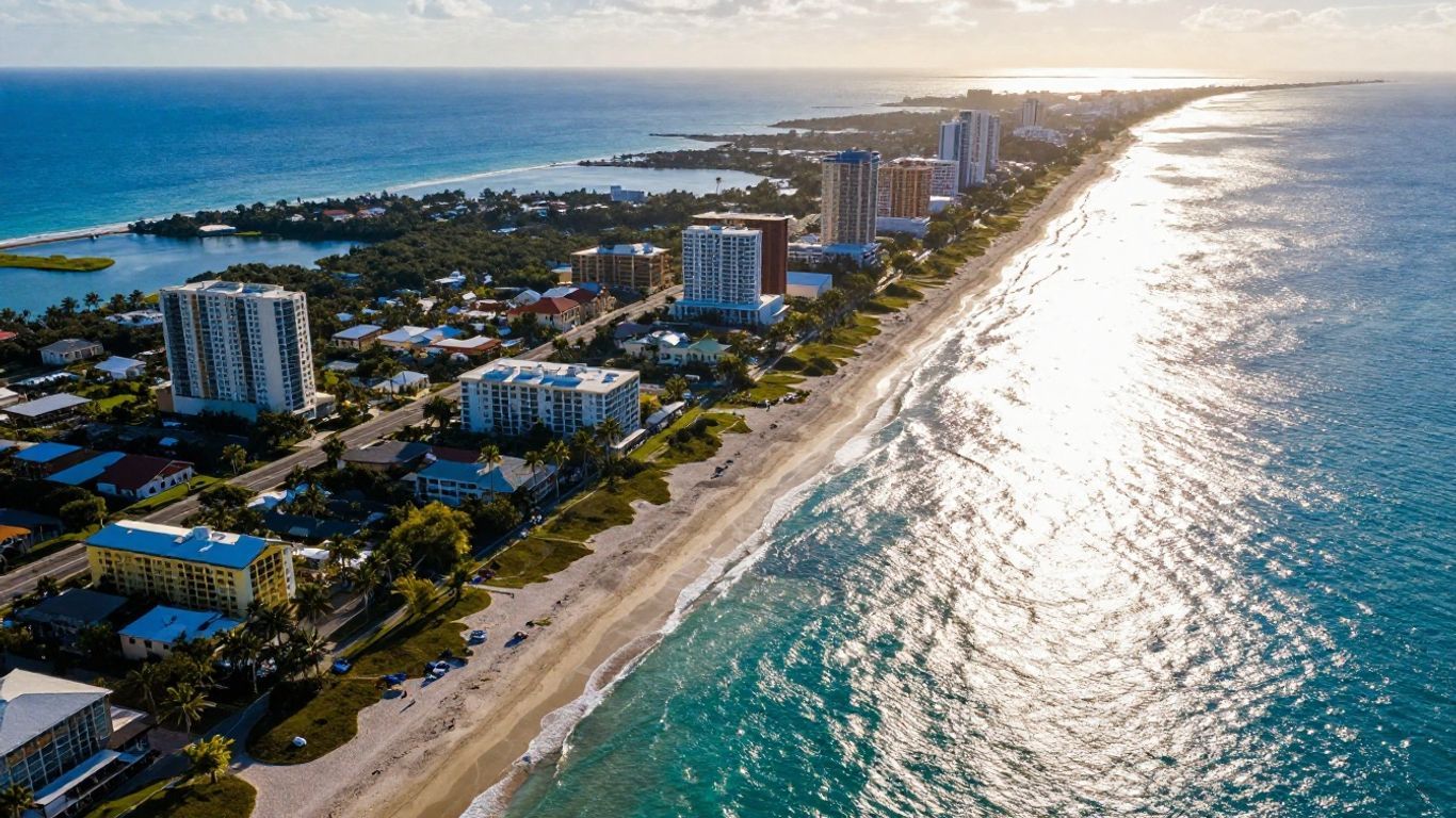 Florida cities map with coastline and ocean.