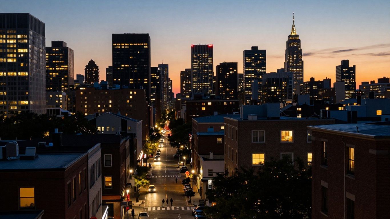 Urban cityscape with silhouetted people on streets at dusk.