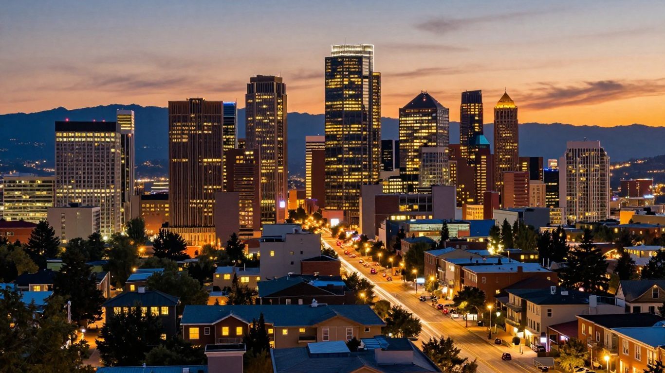 Denver cityscape with residential buildings and mountains.