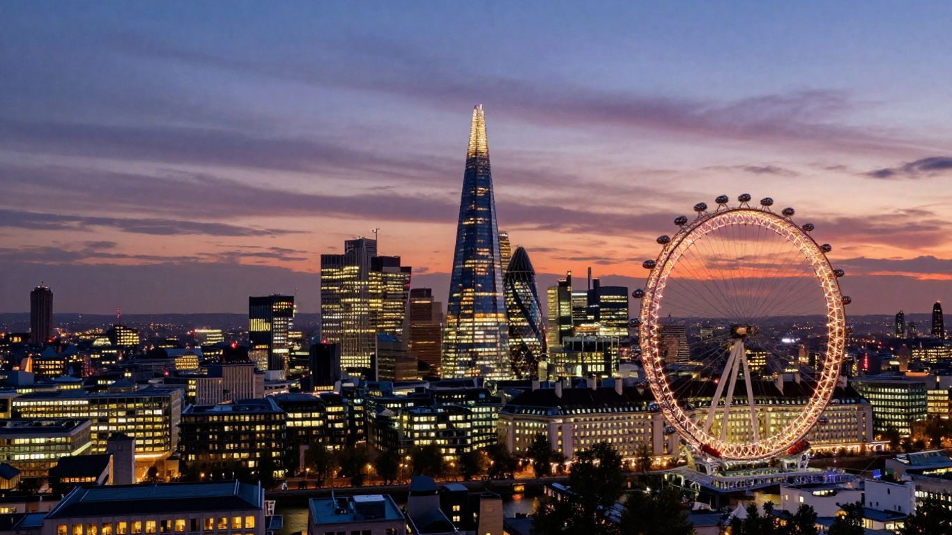 London skyline with famous landmarks at dusk.
