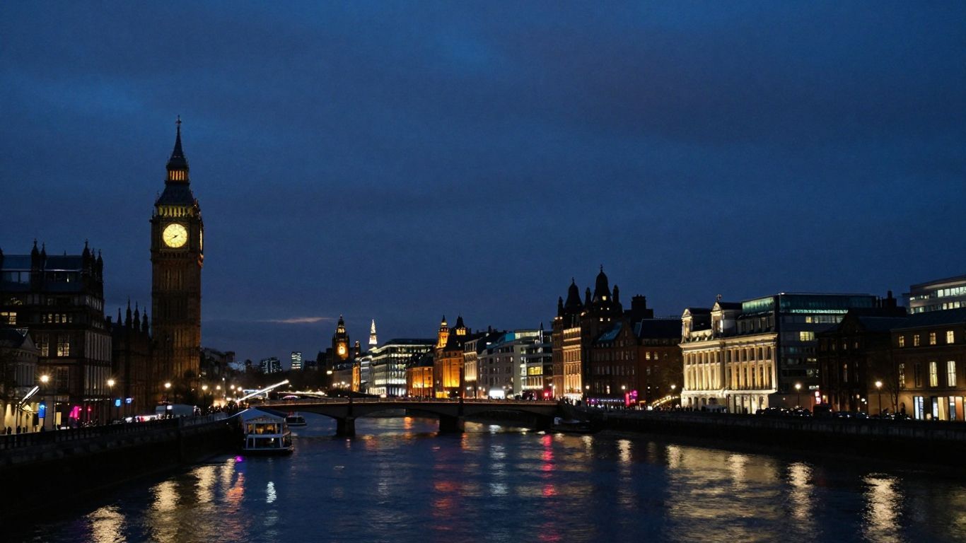 Vibrant UK city skyline at dusk with colorful lights.