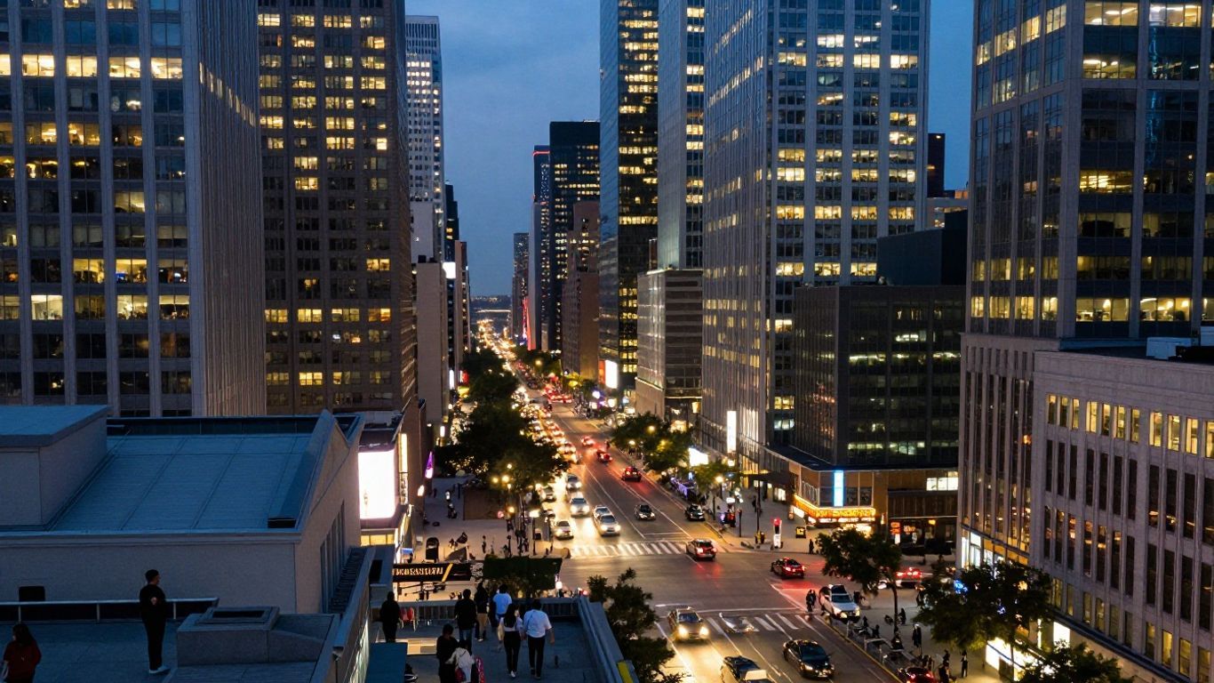 UK city skyline with diverse pedestrians
