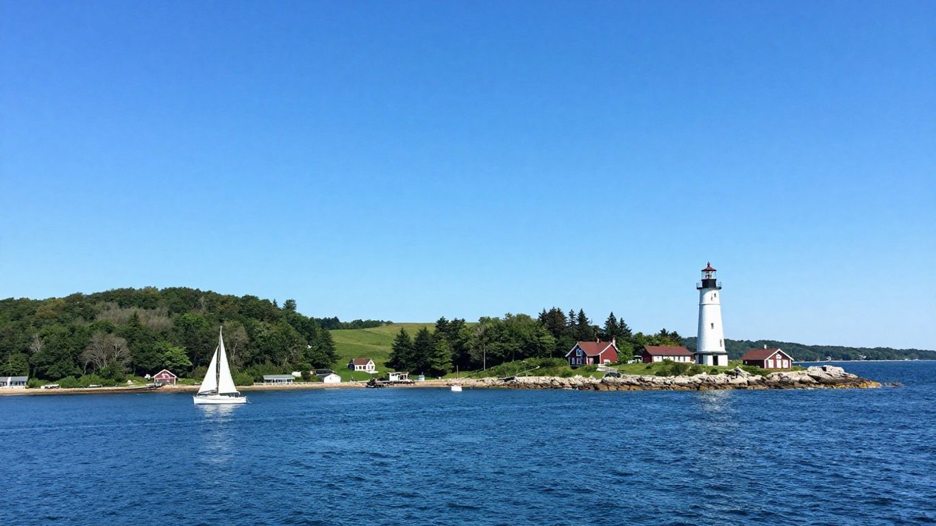 Maine lighthouse on a sunny day with sailboats.