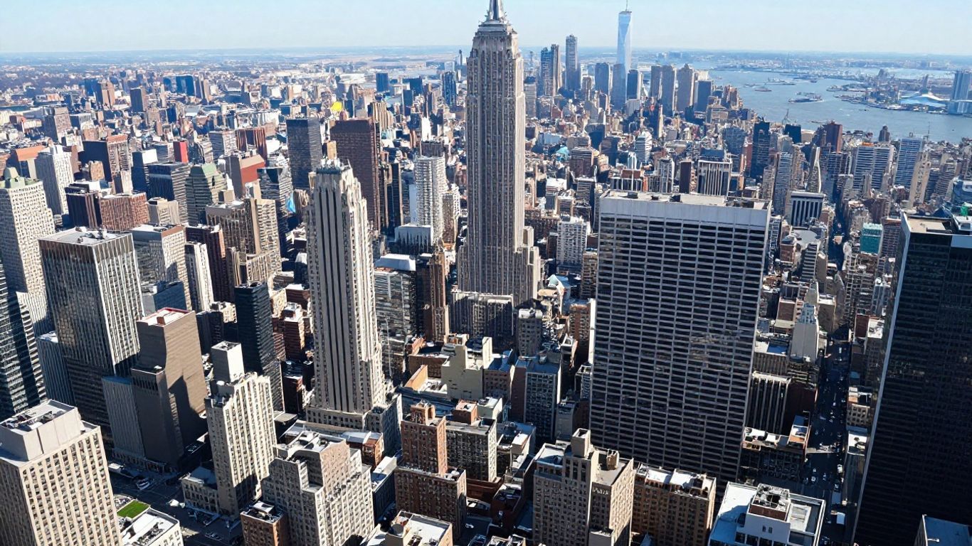 Aerial view of New York City skyline and dense urban sprawl.