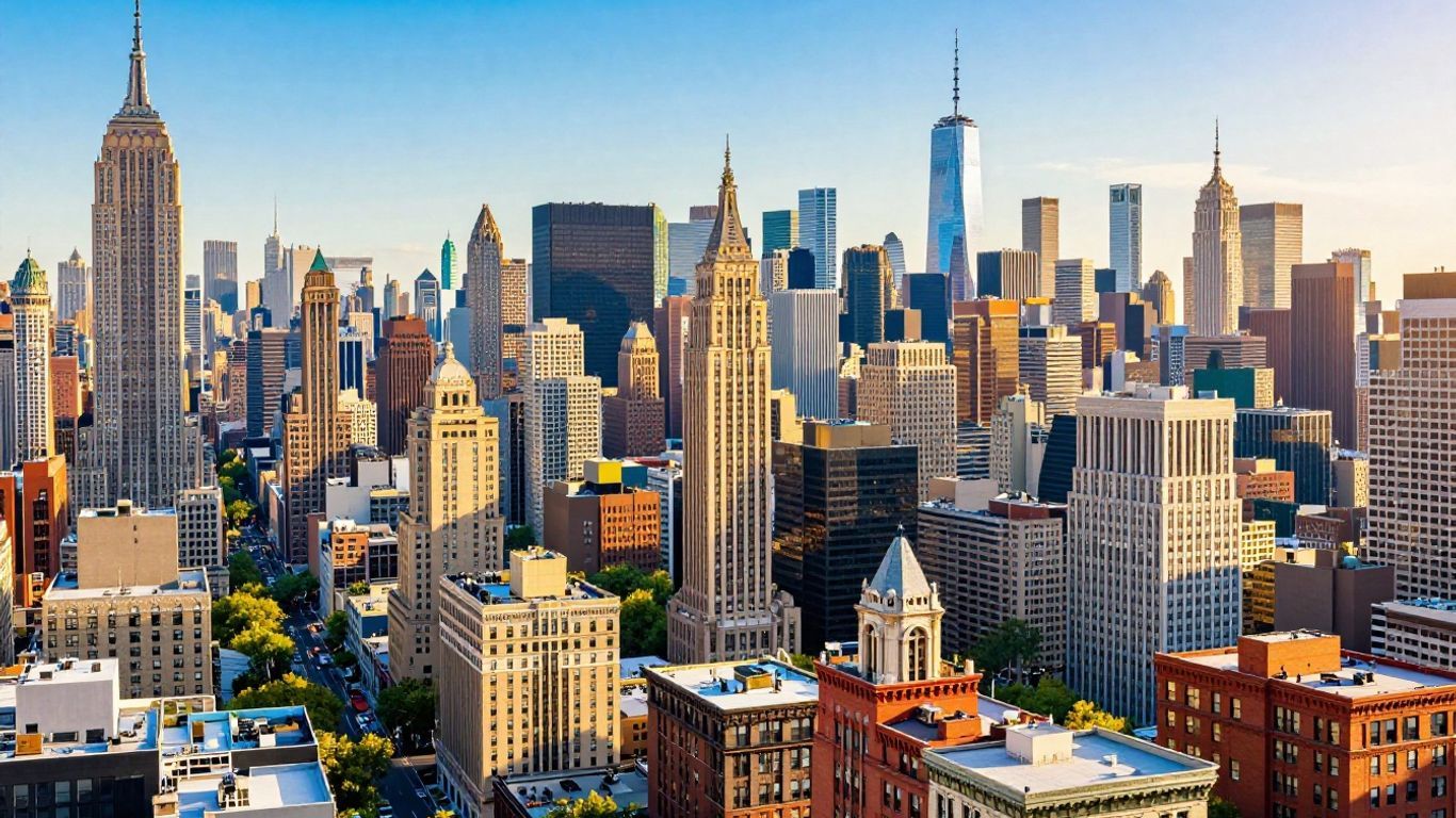 Diverse US city skylines, historic and modern.