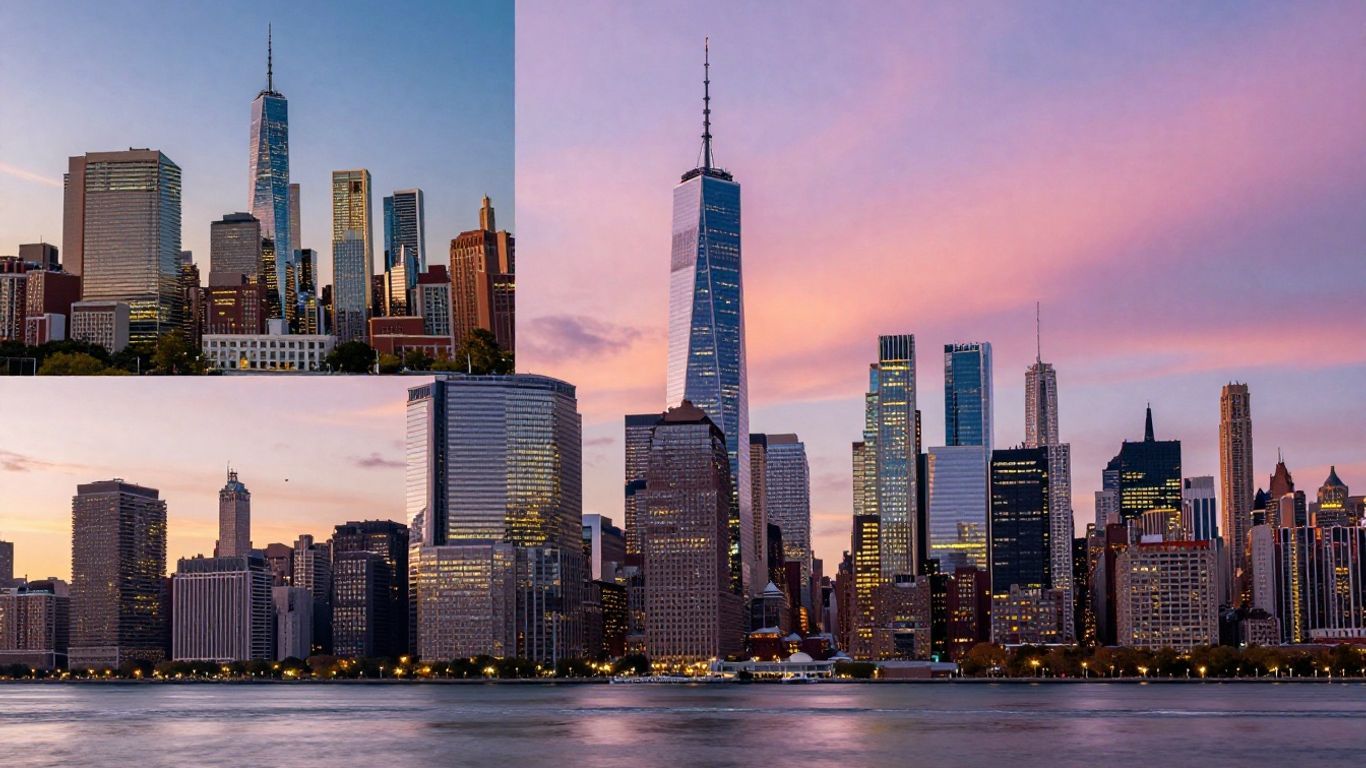 Collage of American city skylines at dusk.