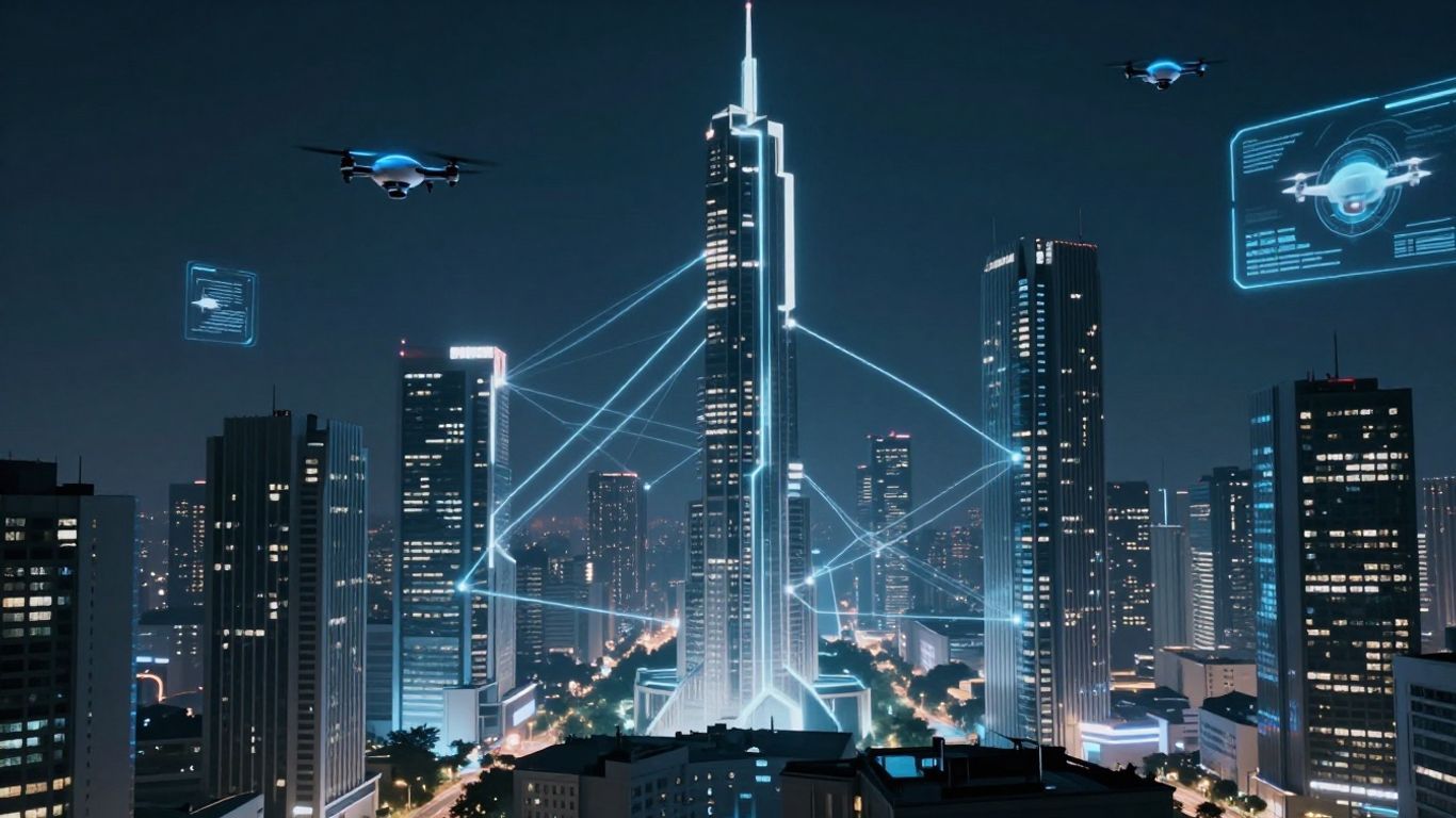 Futuristic smart city with connected buildings and technology.