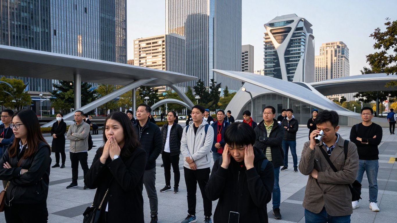 Citizens in a smart city plaza, looking concerned.
