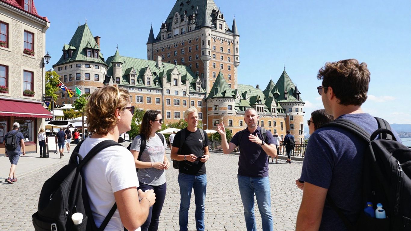 Tour guide interacting with tourists in Quebec City