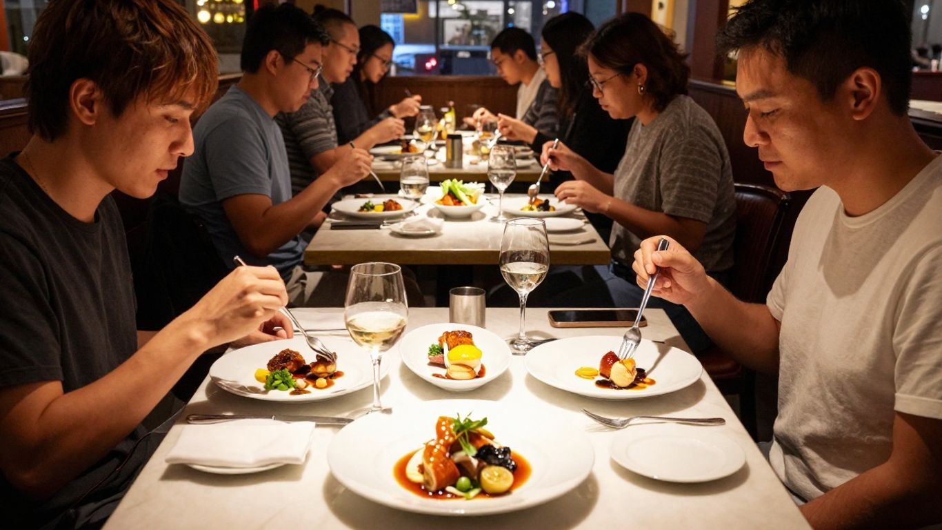 Elegant San Francisco restaurant interior with diners and food.