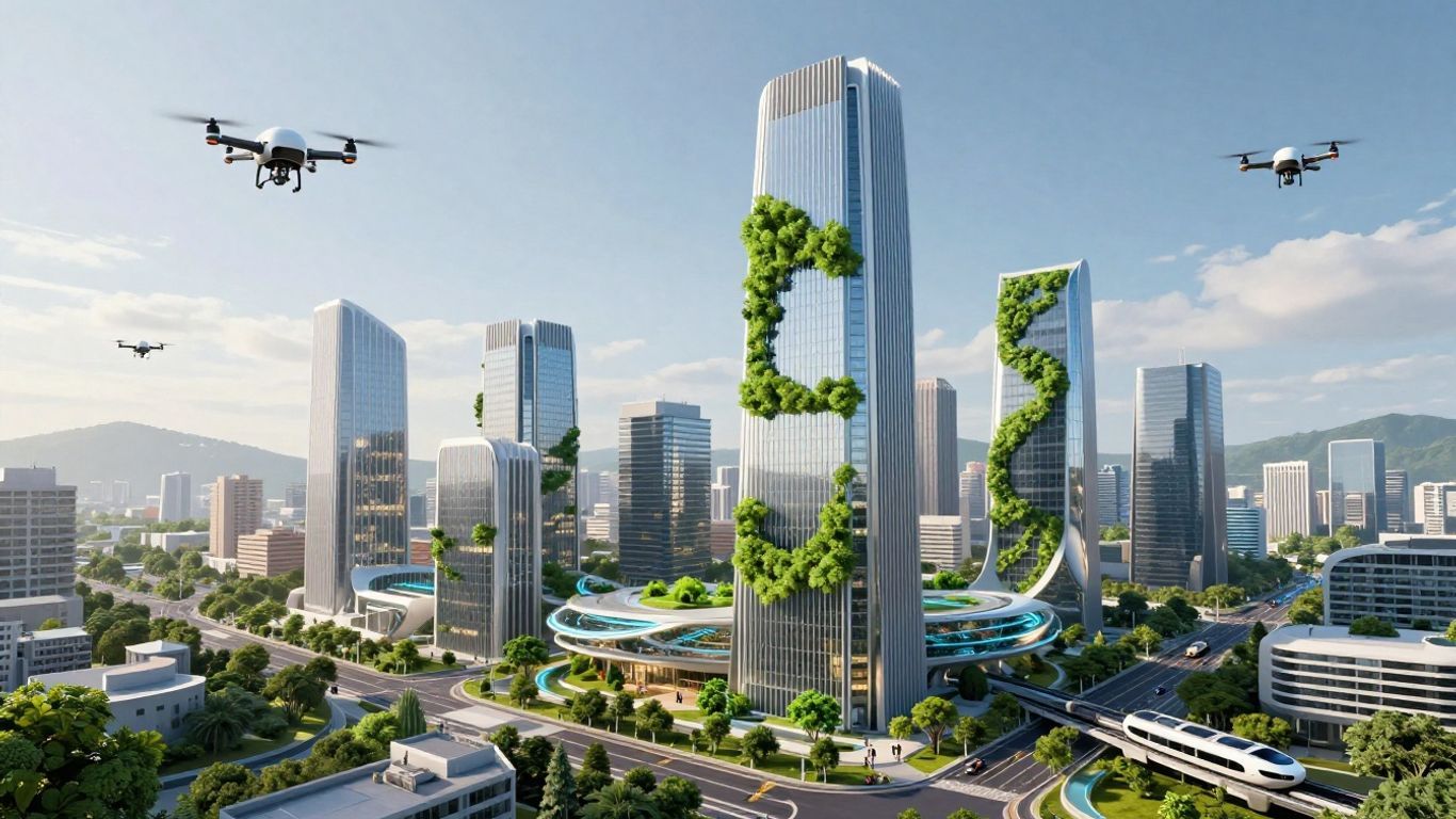 Futuristic smart city with modern architecture and drones.
