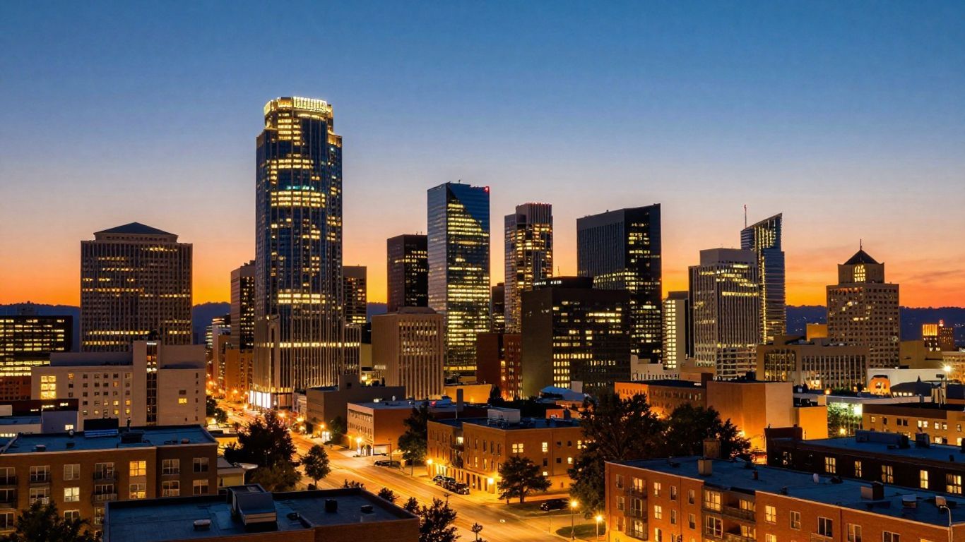 Denver cityscape with apartments at dusk.