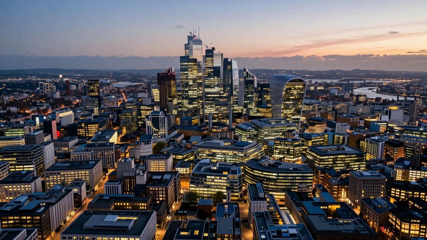 UK city skyline at dusk with illuminated skyscrapers.