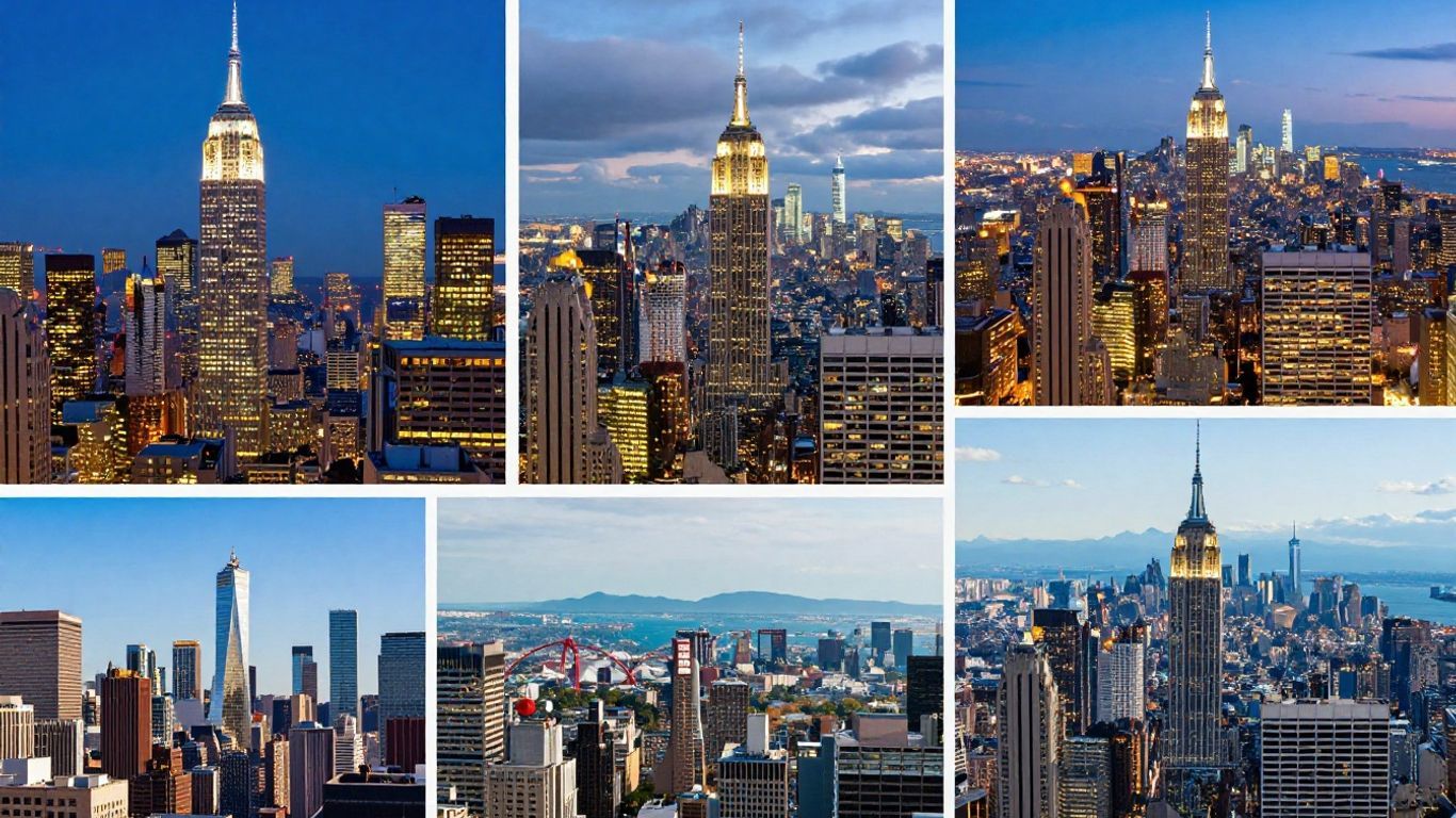 Iconic American city skylines at dusk, famous landmarks visible.