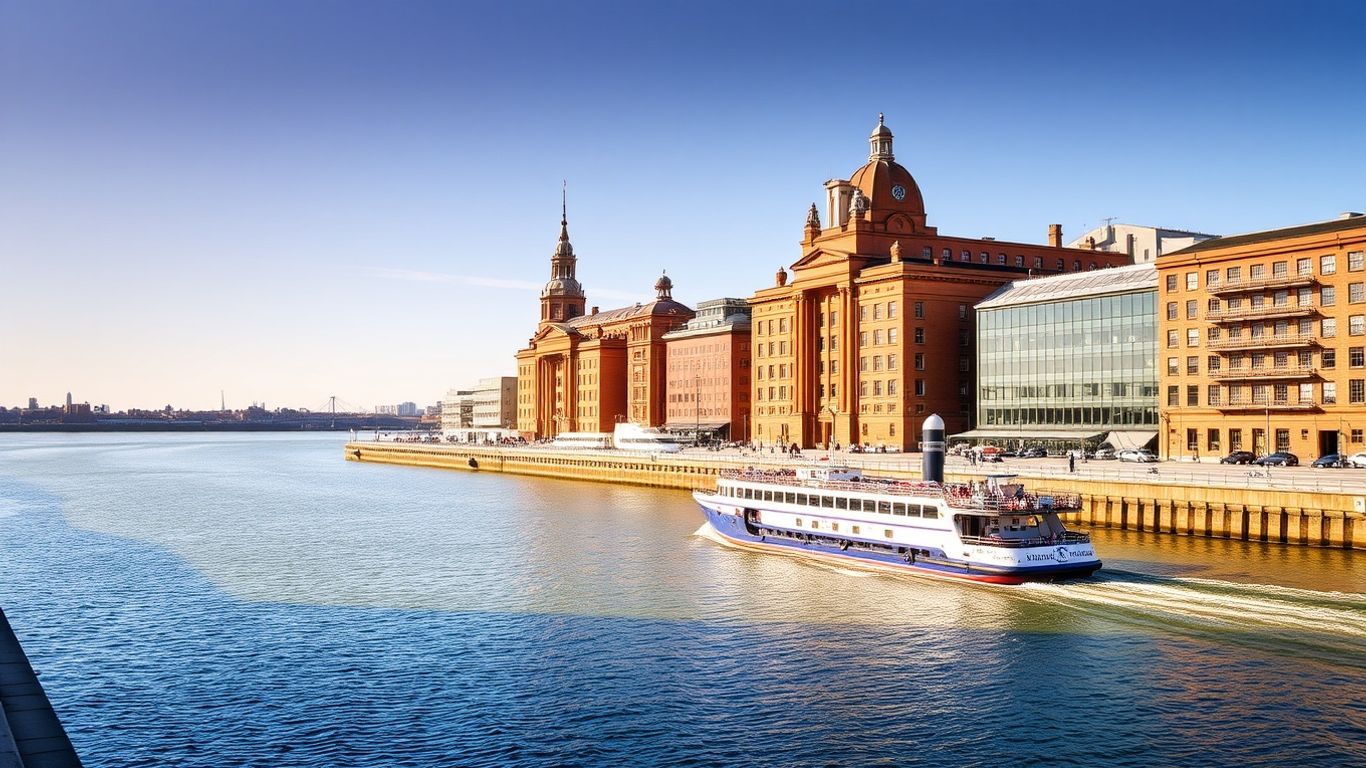 Liverpool waterfront with historic docks and Mersey River.