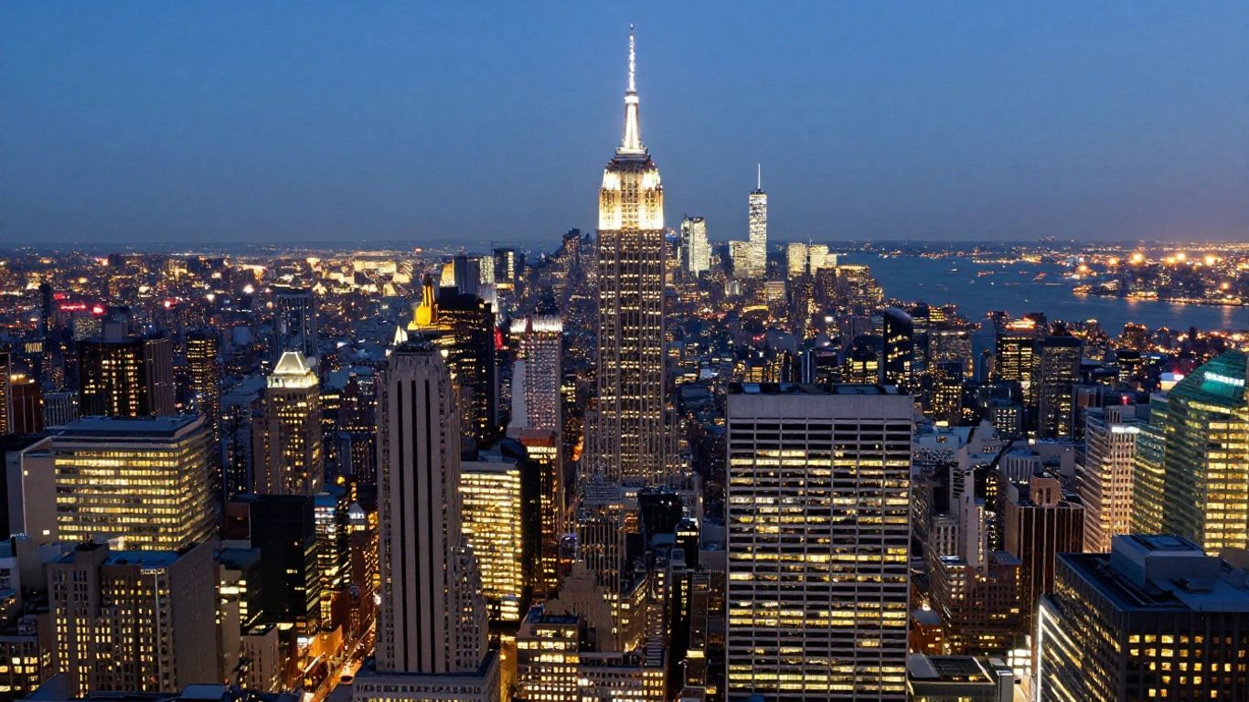 New York City skyline with streets and buildings.