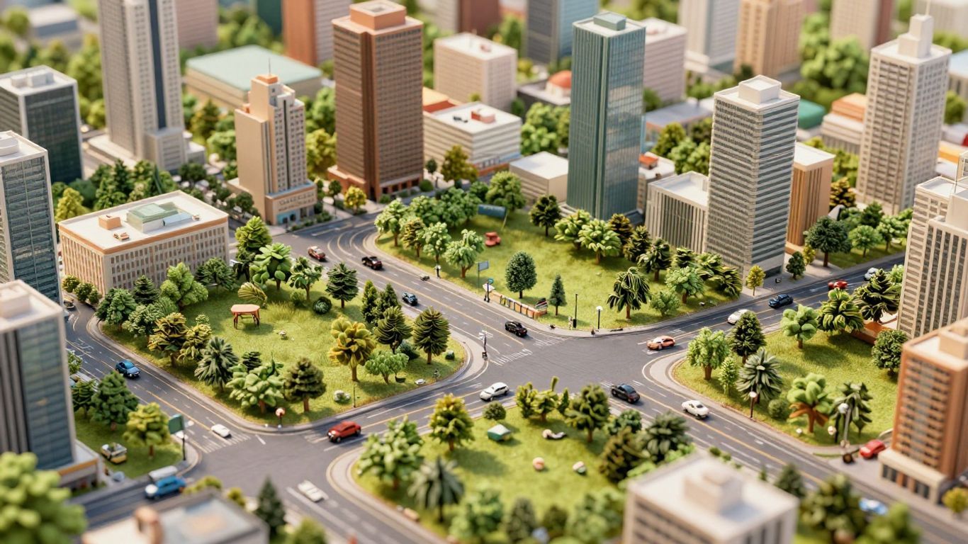 Mobile cityscape with roads, parks, and skyscrapers.