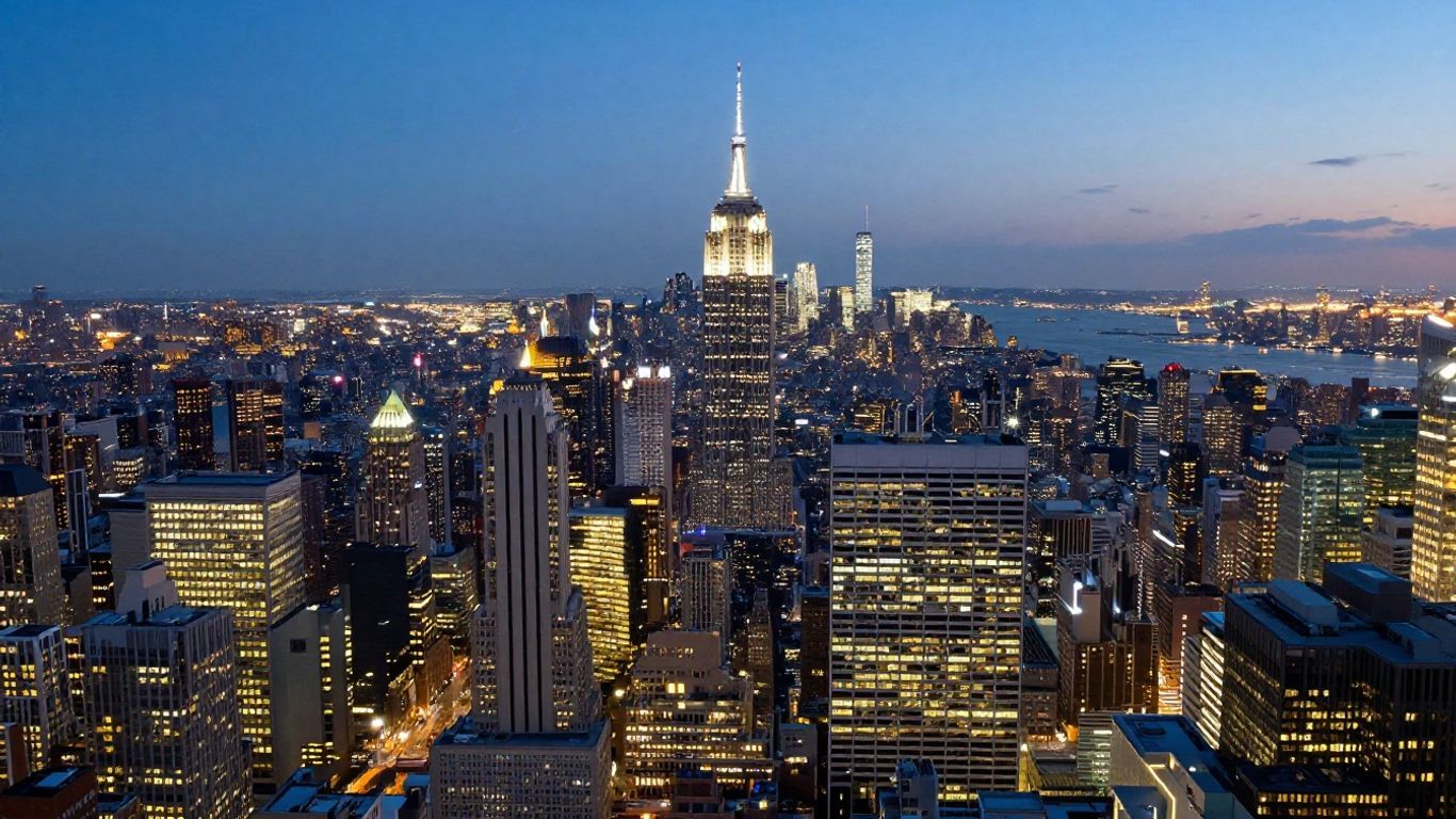 New York City skyline at dusk with illuminated skyscrapers.