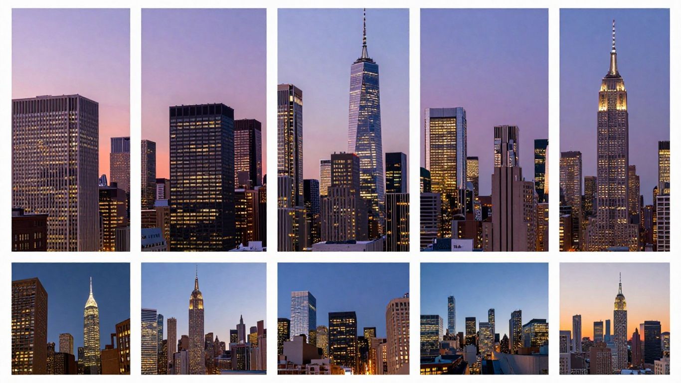 US city skylines at dusk with diverse architecture.