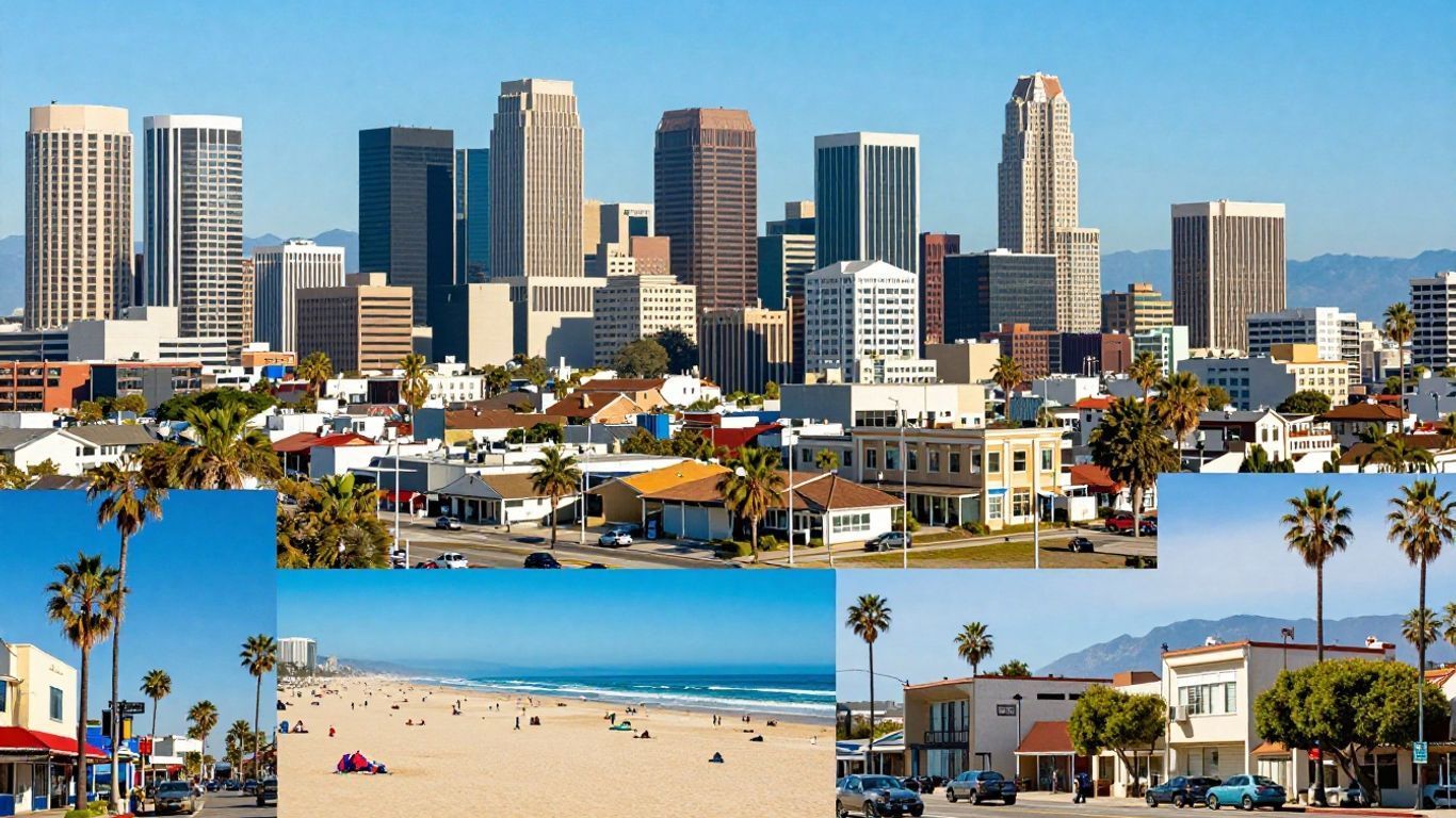 Diverse California cities skyline, beaches, and street scenes collage.