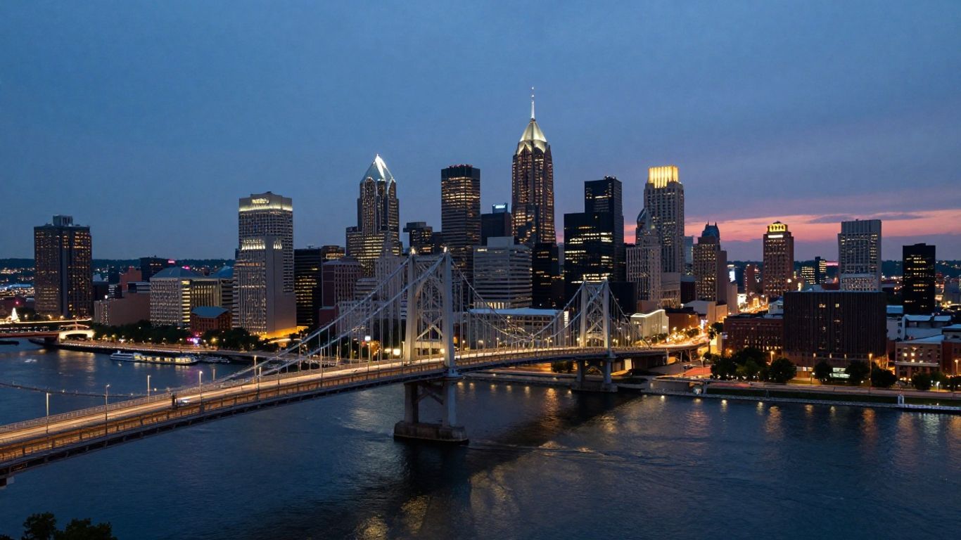 Philadelphia skyline with Benjamin Franklin Bridge at dusk.