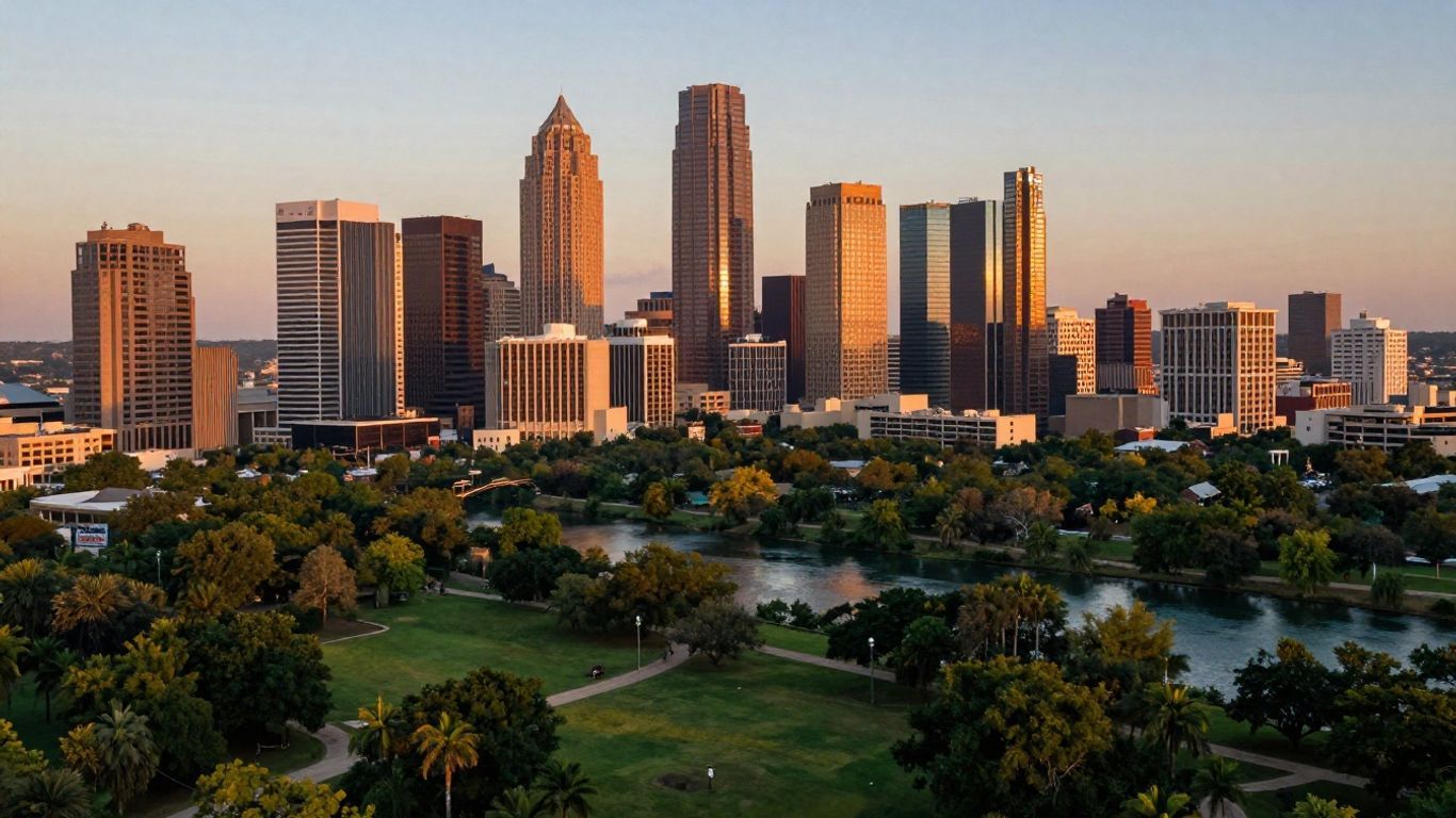 Austin, Texas cityscape at sunset with river and parks.