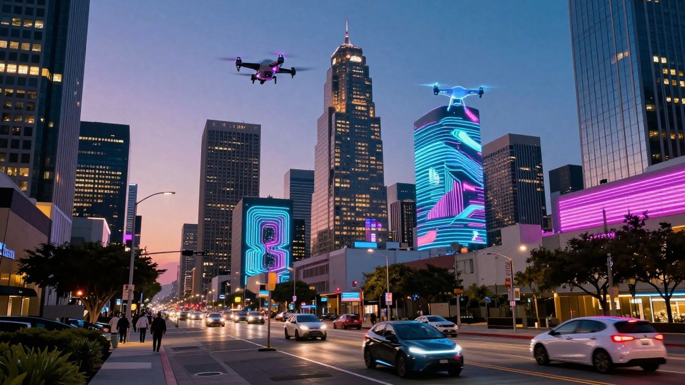 Futuristic Los Angeles cityscape with drones and autonomous vehicles.