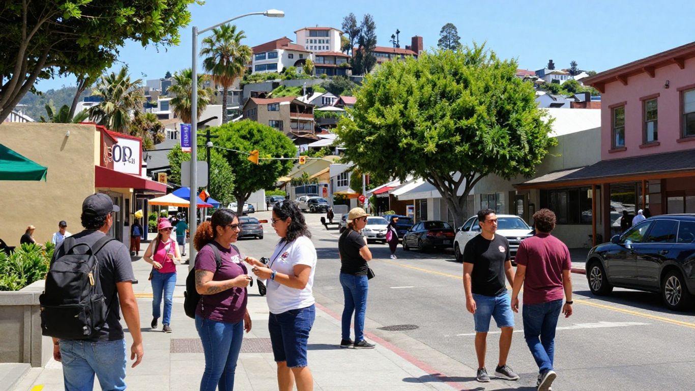 Diverse people enjoying a sunny day in a California city.