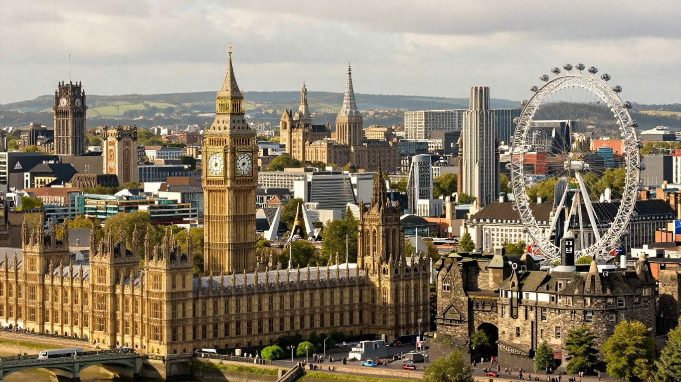 Iconic UK landmarks from various cities.