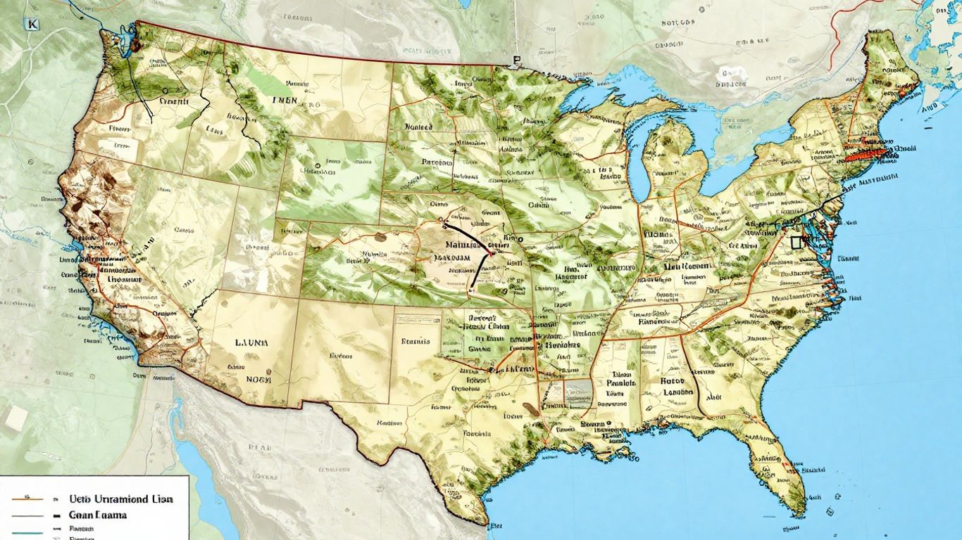 Detailed US map with cities and landmarks.
