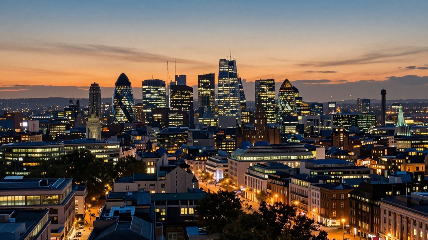 UK cityscape at dusk with illuminated buildings and landmarks.