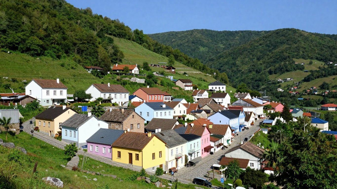 Tiny colorful buildings in a scenic, hilly landscape.