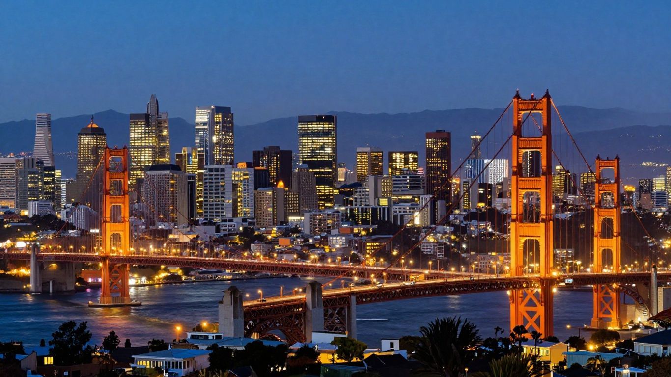 San Francisco skyline at dusk with Golden Gate Bridge.
