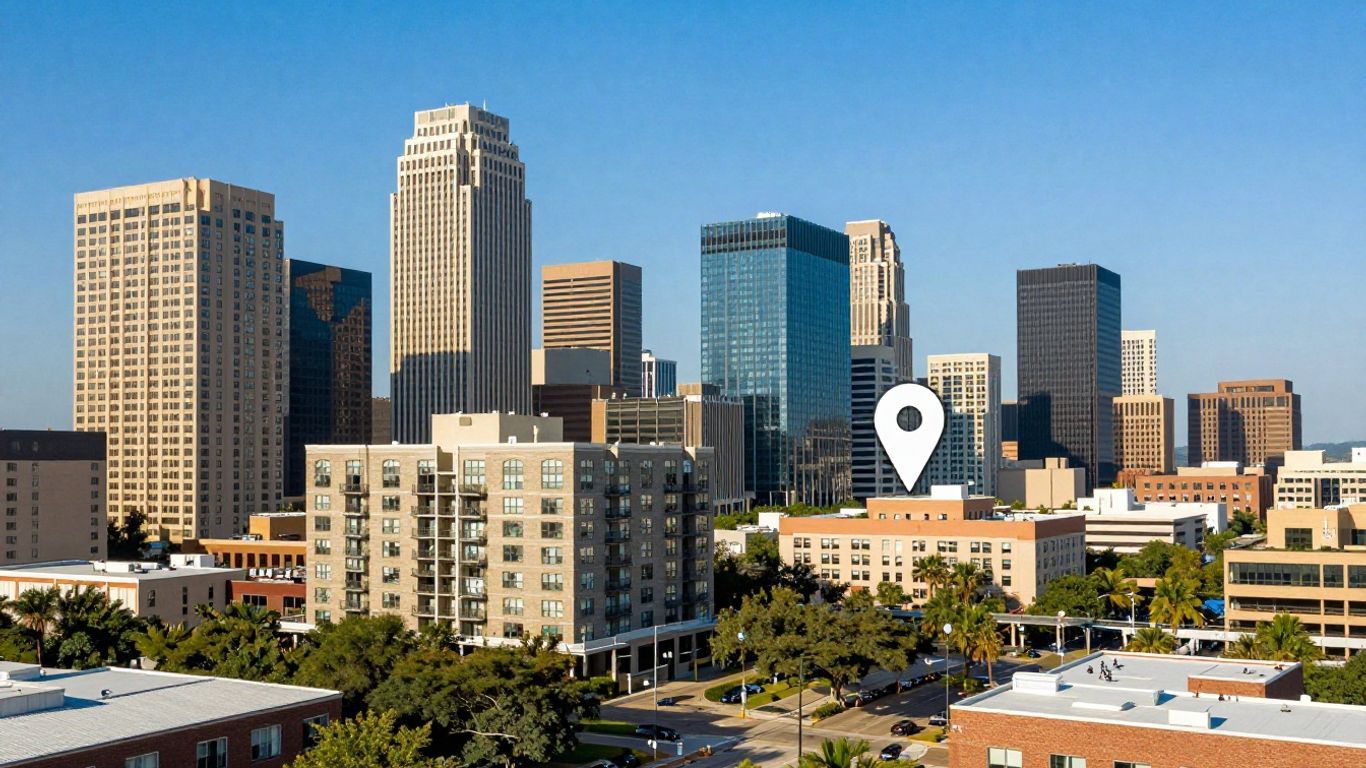 Austin cityscape with apartment buildings and map pin.