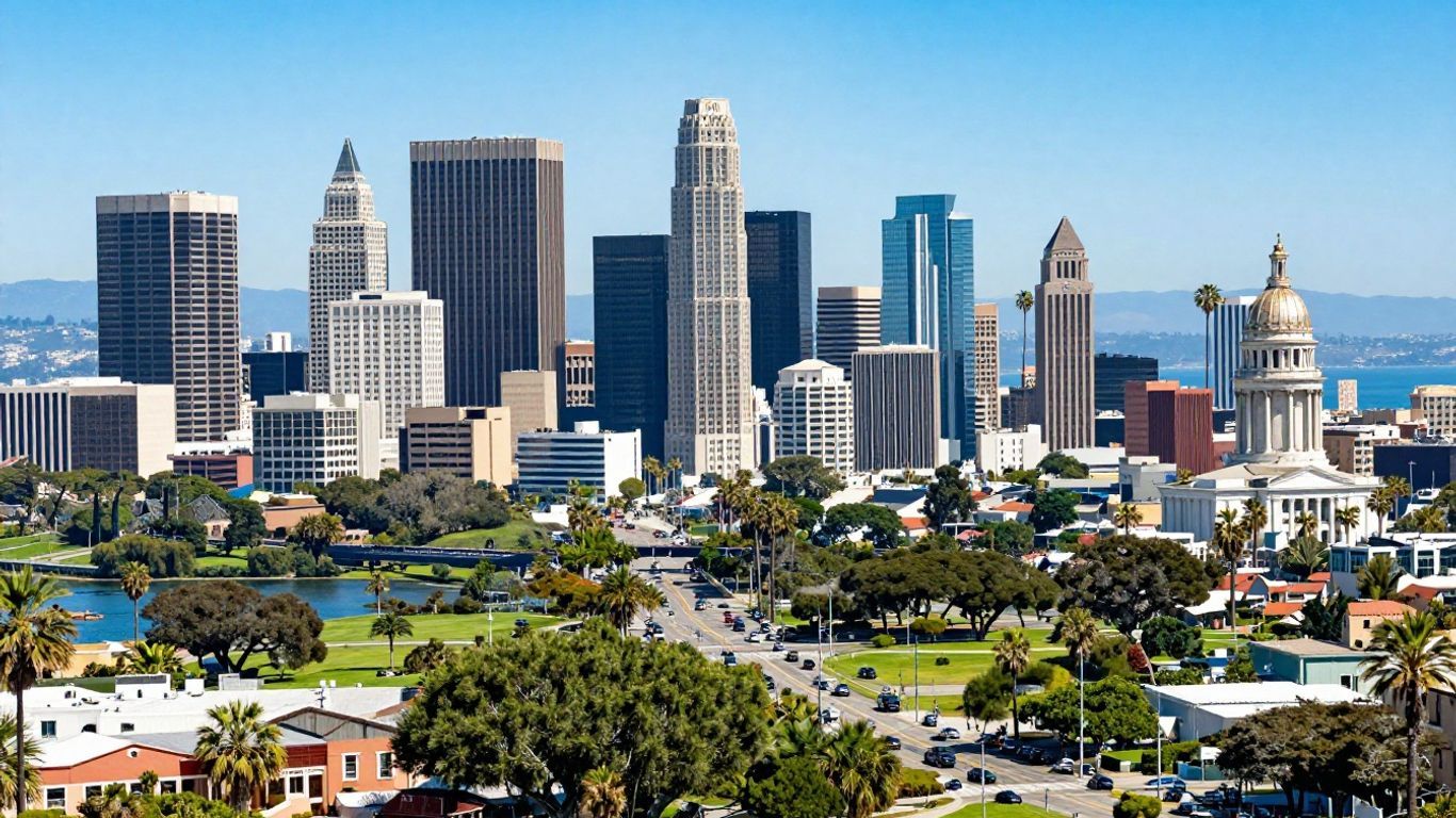 California cities skyline with diverse architecture and natural elements.