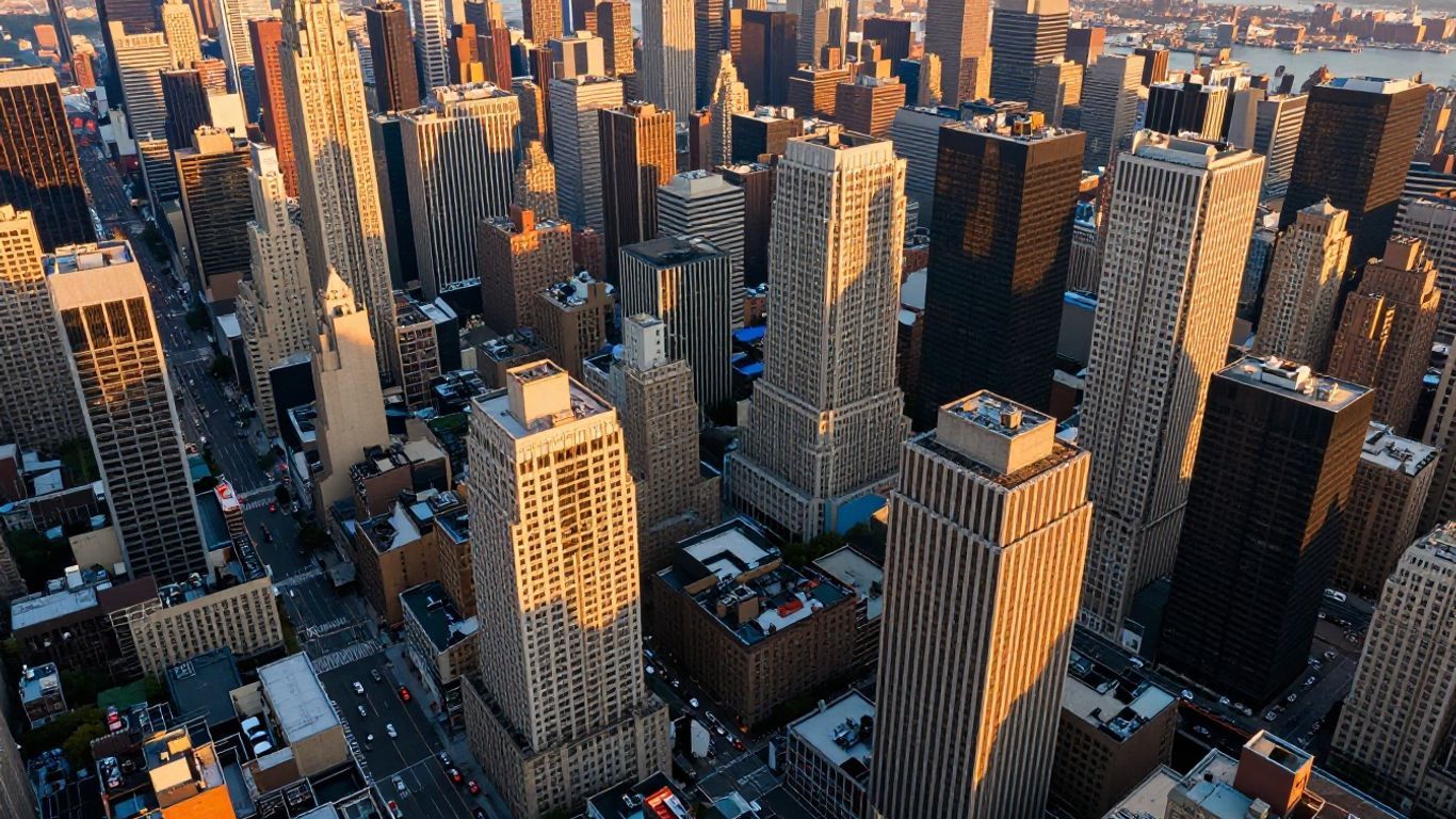 Aerial view of New York City skyline at sunset.