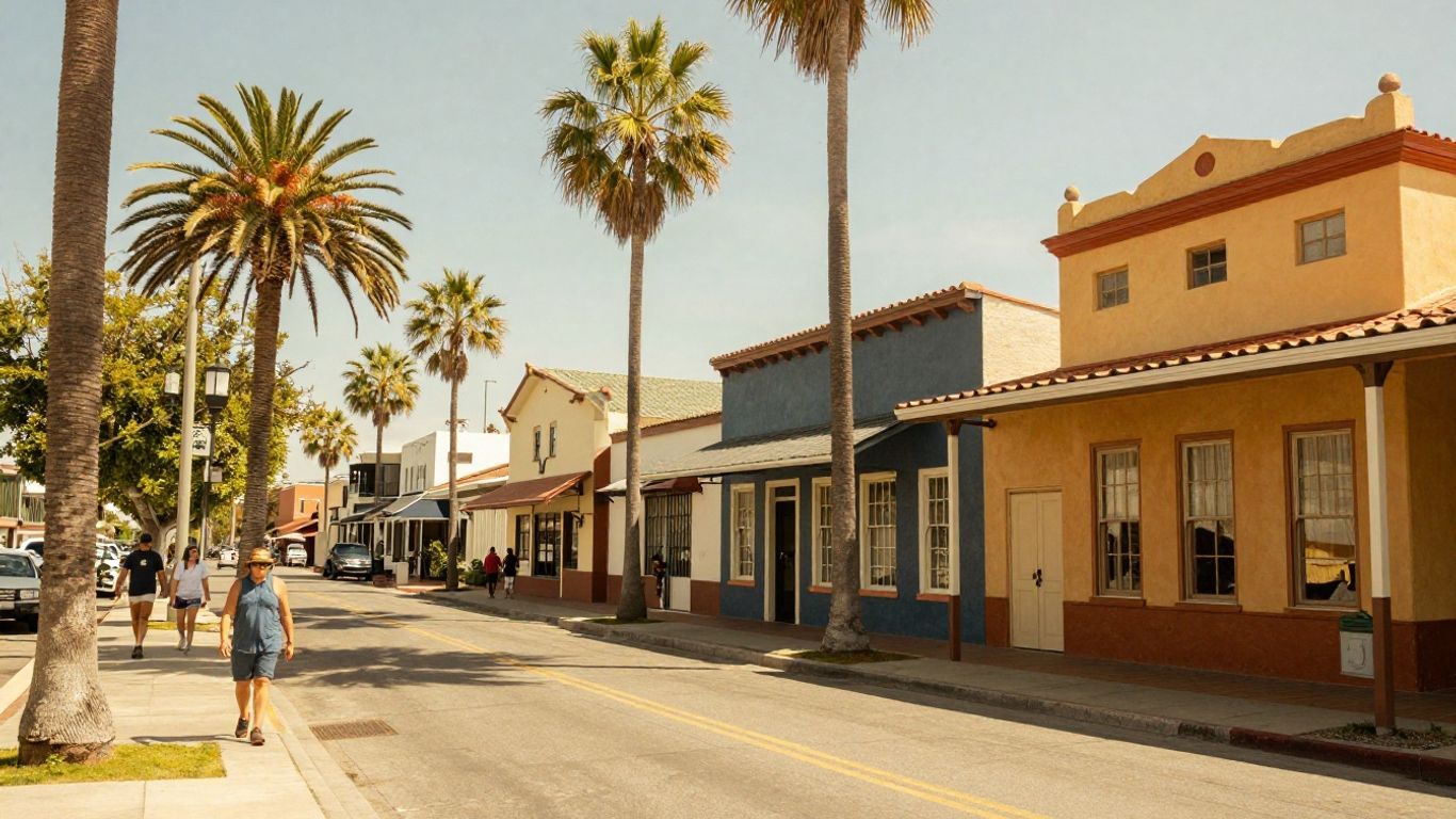 Charming California town street with colorful buildings and palm trees.