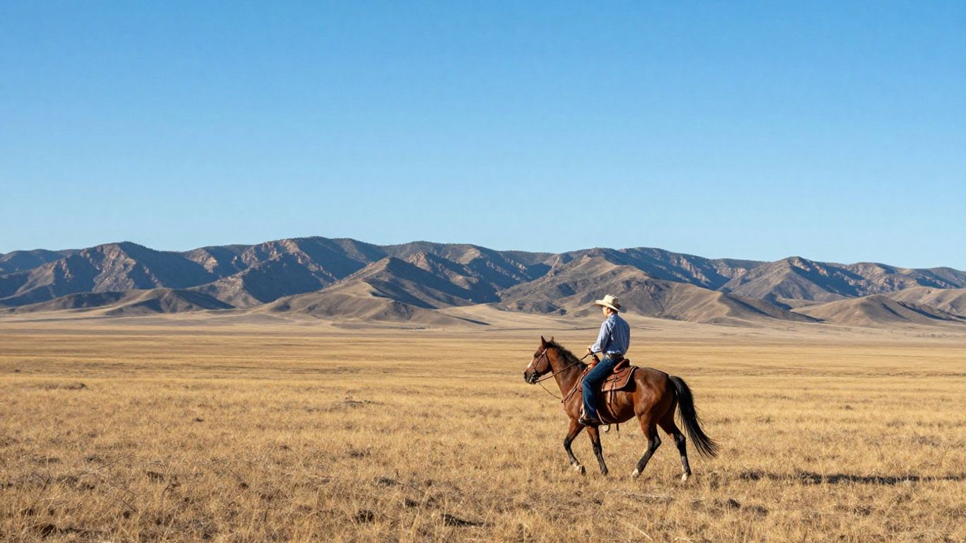 Vast Texas landscape with cowboy on horseback.